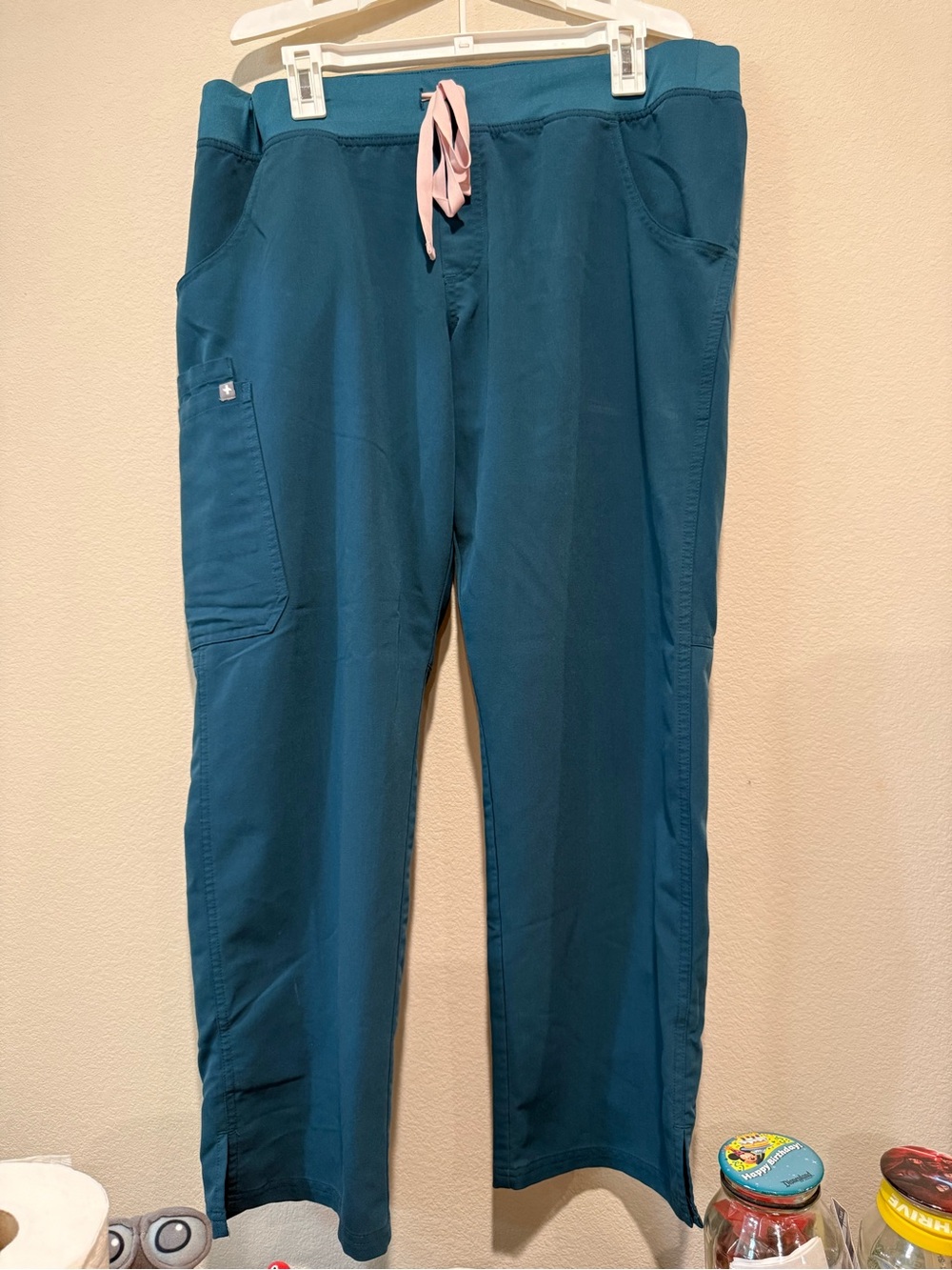 Figs Women’s Teal Drawstring Jogger Pants with Pink Tie